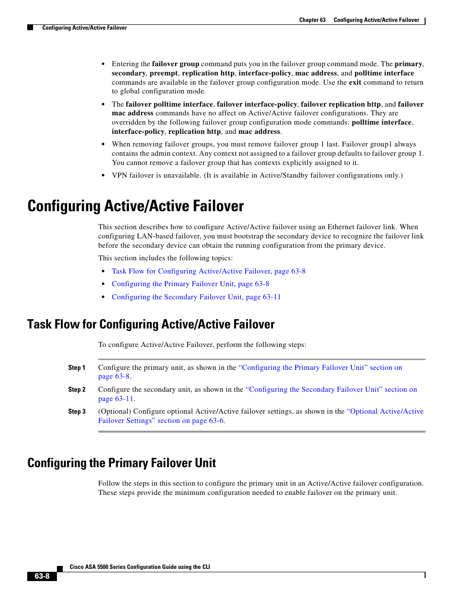 Configuring active/active failover, Task flow for configuring active/active failover, Configuring the primary failover unit | Configuring the primary failover unit” section on, Configuring active/active failover” section on, To co | Cisco ASA 5505 User Manual | Page 1332 / 1994