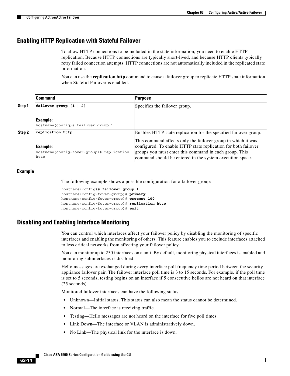 Enabling http replication with stateful failover, Disabling and enabling interface monitoring | Cisco ASA 5505 User Manual | Page 1338 / 1994