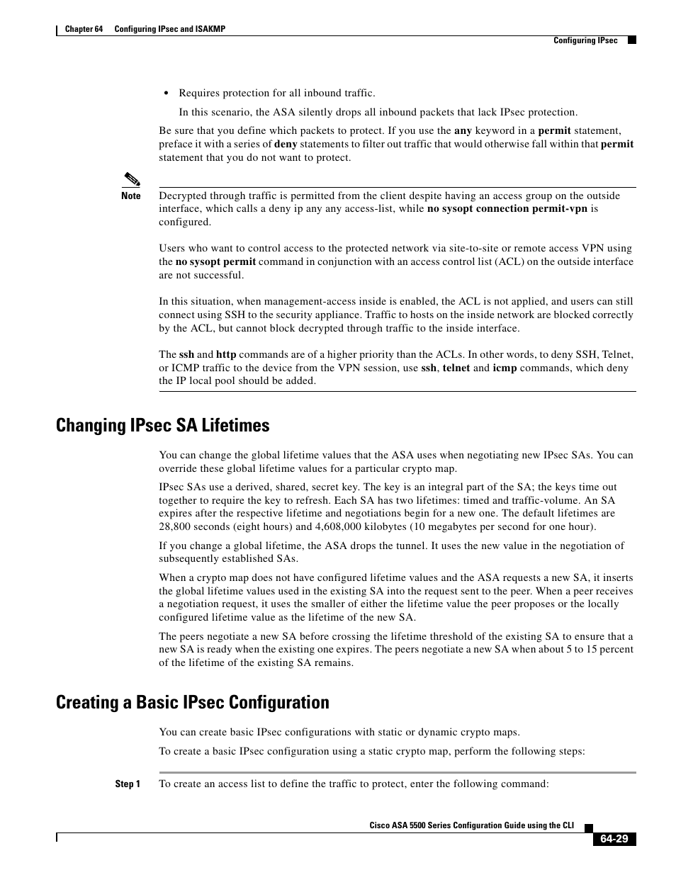 Changing ipsec sa lifetimes, Creating a basic ipsec configuration | Cisco ASA 5505 User Manual | Page 1381 / 1994