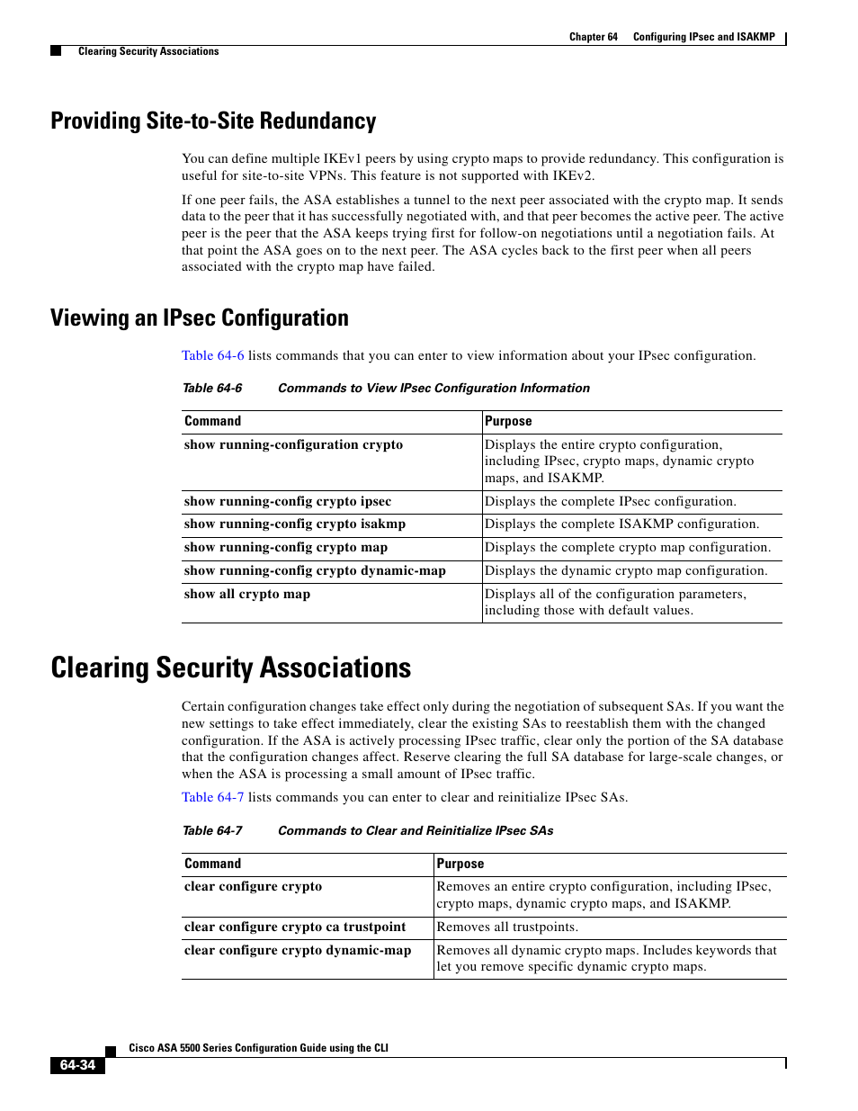 Providing site-to-site redundancy, Viewing an ipsec configuration, Clearing security associations | Cisco ASA 5505 User Manual | Page 1386 / 1994