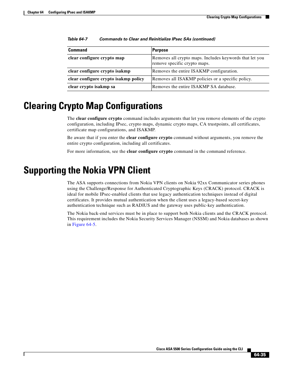 Clearing crypto map configurations, Supporting the nokia vpn client | Cisco ASA 5505 User Manual | Page 1387 / 1994