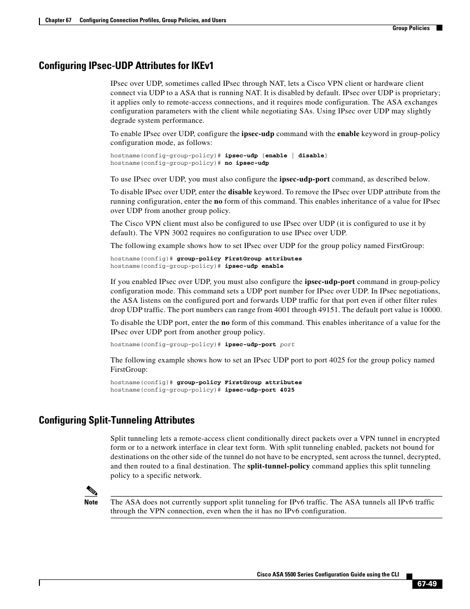 Configuring ipsec-udp attributes for ikev1, Configuring split-tunneling attributes | Cisco ASA 5505 User Manual | Page 1475 / 1994