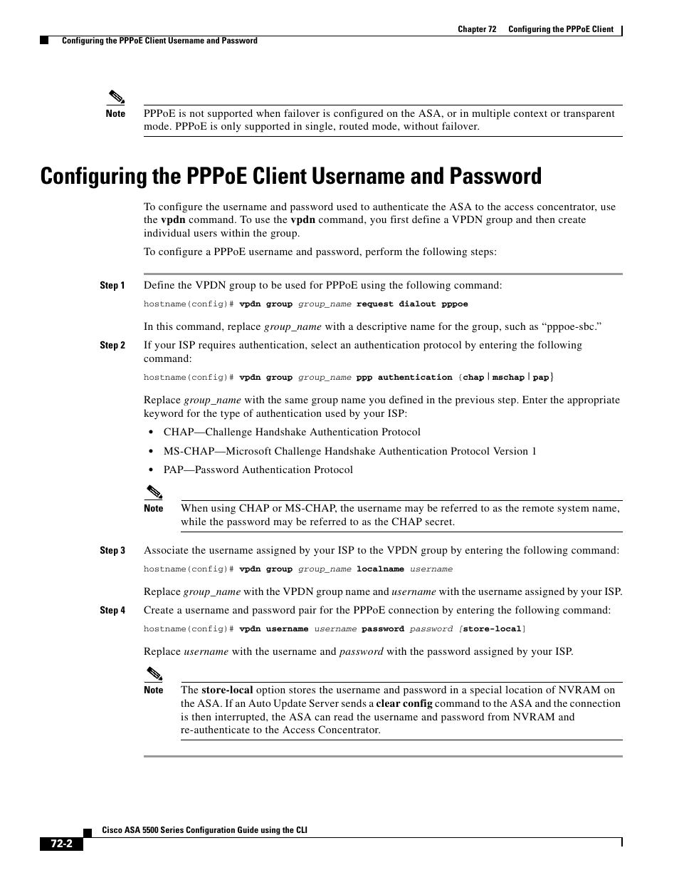 Configuring the pppoe client username and password | Cisco ASA 5505 User Manual | Page 1572 / 1994