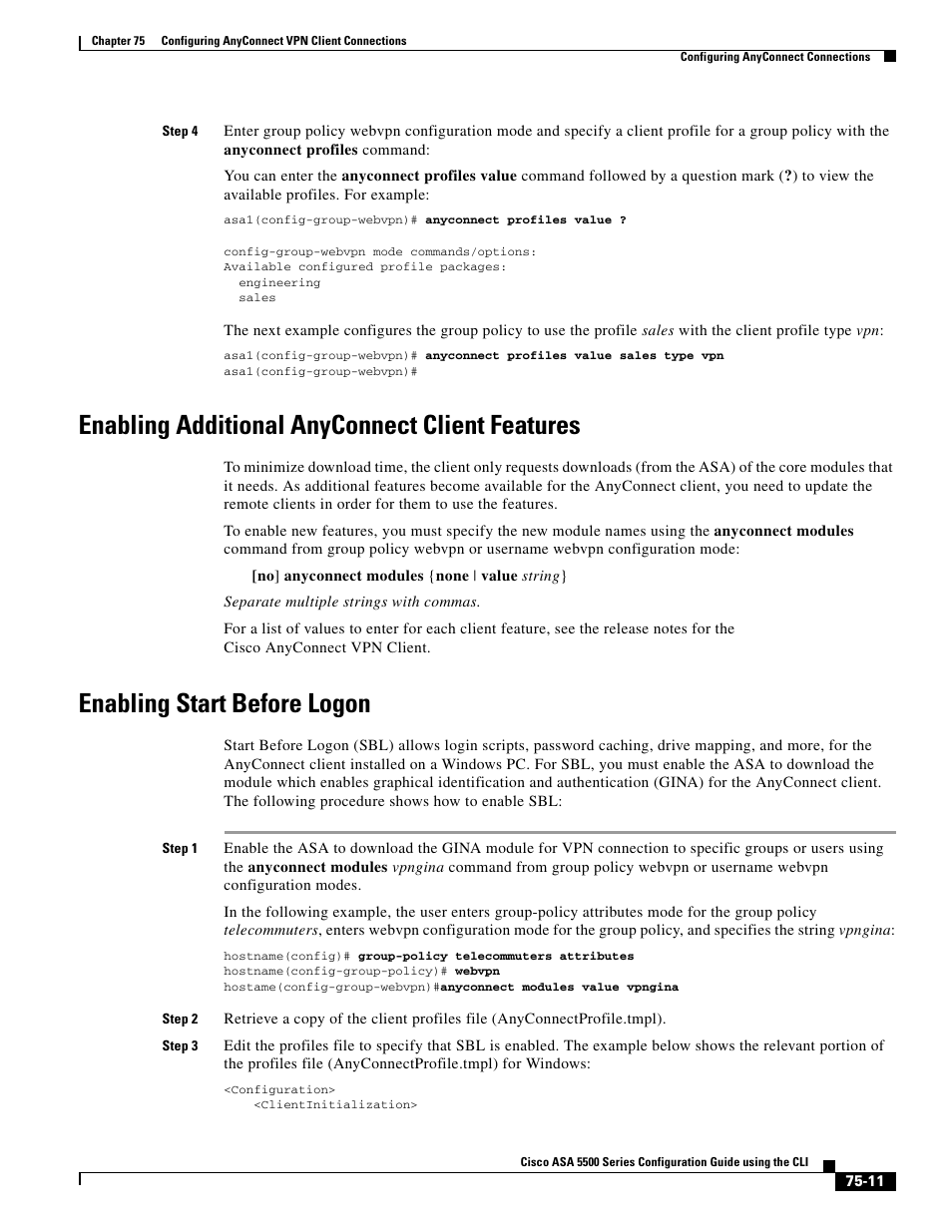 Enabling additional anyconnect client features, Enabling start before logon | Cisco ASA 5505 User Manual | Page 1721 / 1994