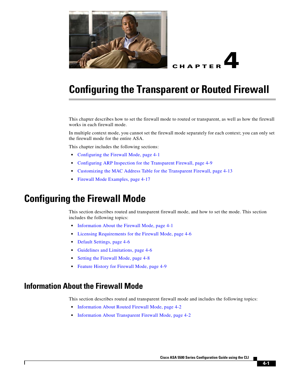 Configuring the transparent or routed firewall, Configuring the firewall mode, Information about the firewall mode | C h a p t e r, Configuring the firewall mode” section, For mor, For more inform | Cisco ASA 5505 User Manual | Page 173 / 1994