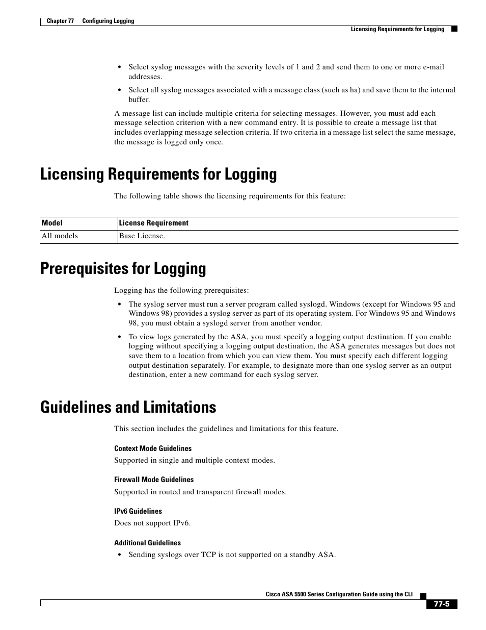Licensing requirements for logging, Prerequisites for logging, Guidelines and limitations | Cisco ASA 5505 User Manual | Page 1747 / 1994