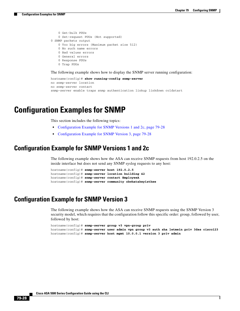 Configuration examples for snmp, Configuration example for snmp versions 1 and 2c, Configuration example for snmp version 3 | Cisco ASA 5505 User Manual | Page 1808 / 1994