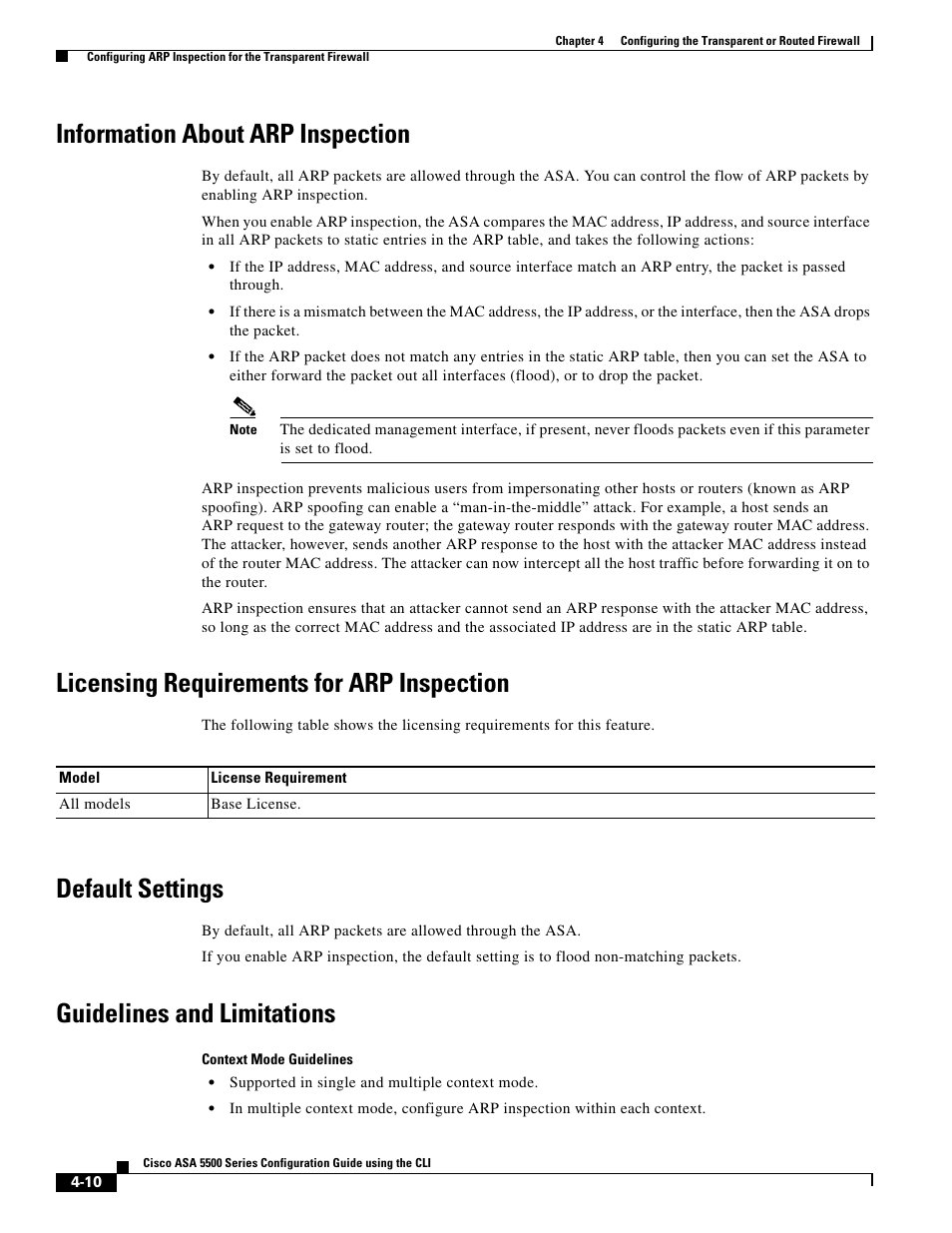 Information about arp inspection, Licensing requirements for arp inspection, Default settings | Guidelines and limitations | Cisco ASA 5505 User Manual | Page 182 / 1994