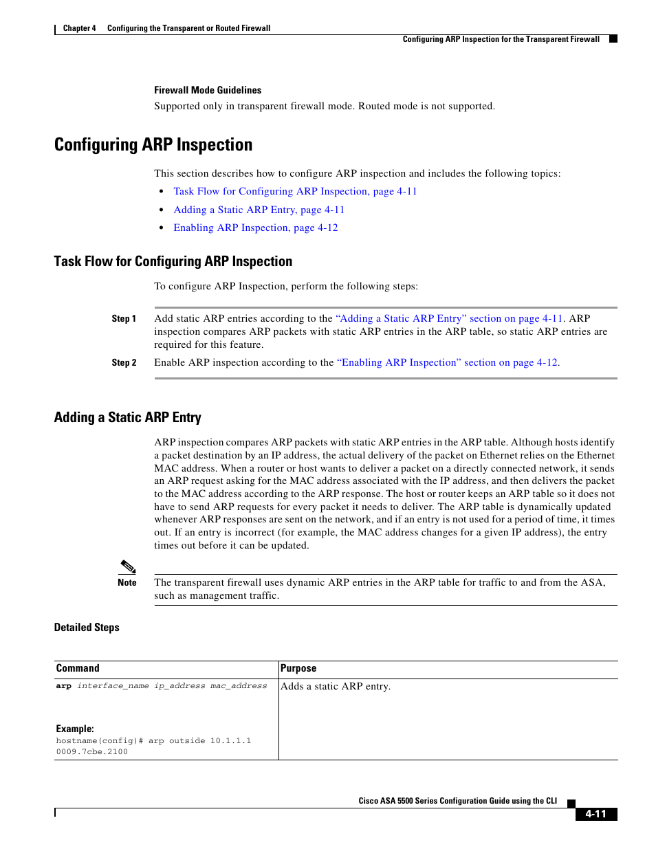 Configuring arp inspection, Task flow for configuring arp inspection, Adding a static arp entry | Cisco ASA 5505 User Manual | Page 183 / 1994
