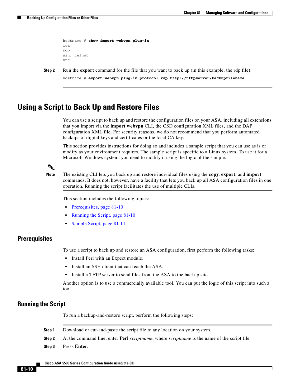 Using a script to back up and restore files, Prerequisites, Running the script | Cisco ASA 5505 User Manual | Page 1844 / 1994