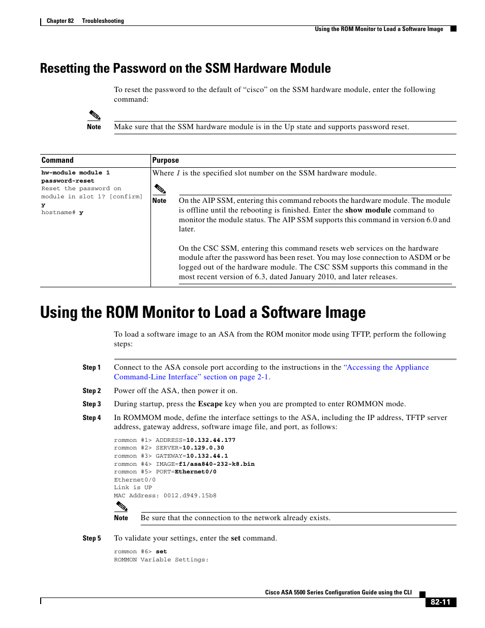 Resetting the password on the ssm hardware module, Using the rom monitor to load a software image | Cisco ASA 5505 User Manual | Page 1867 / 1994