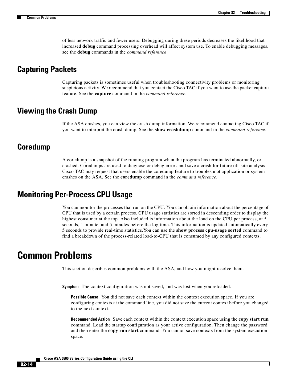 Capturing packets, Viewing the crash dump, Coredump | Monitoring per-process cpu usage, Common problems | Cisco ASA 5505 User Manual | Page 1870 / 1994