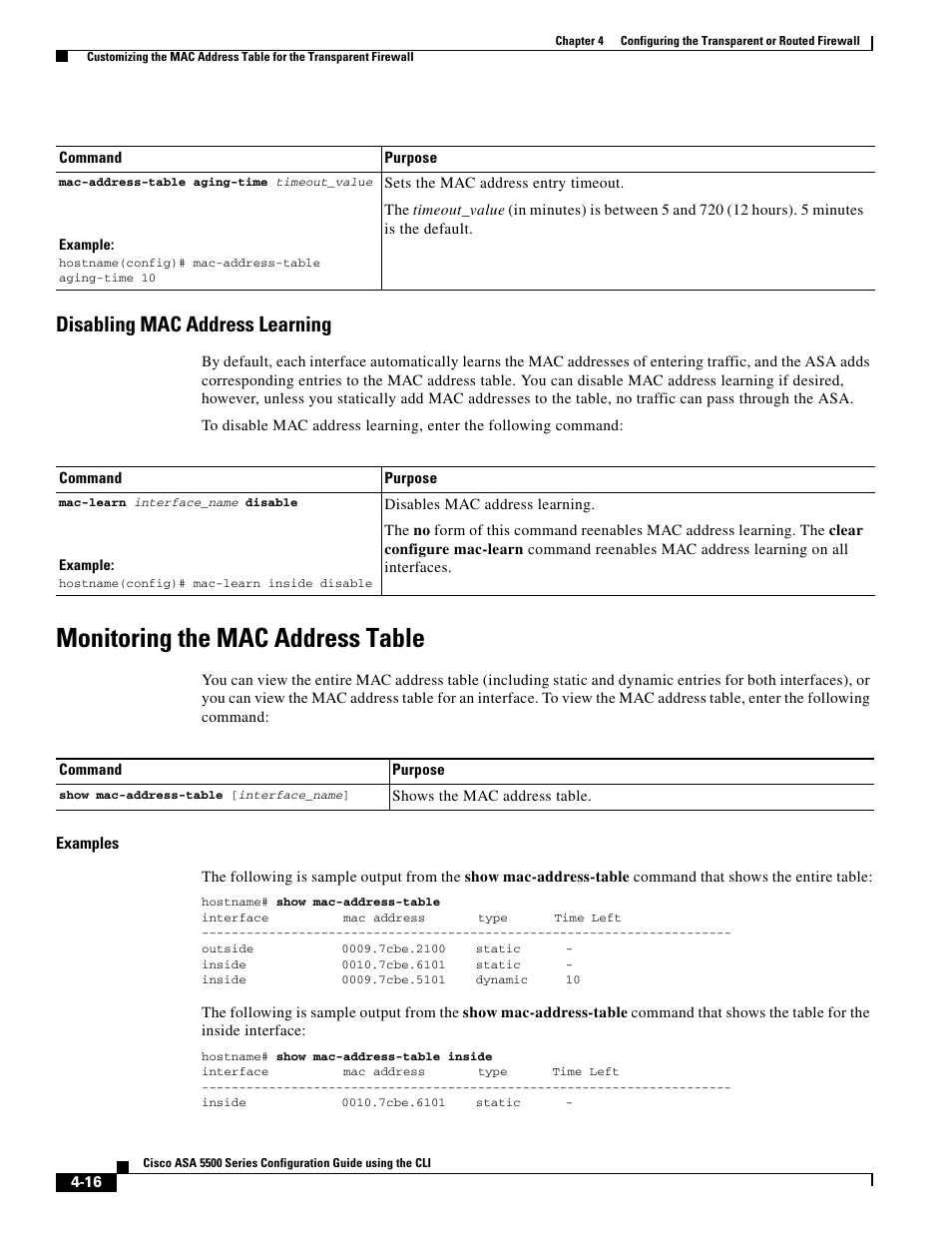 Disabling mac address learning, Monitoring the mac address table | Cisco ASA 5505 User Manual | Page 188 / 1994