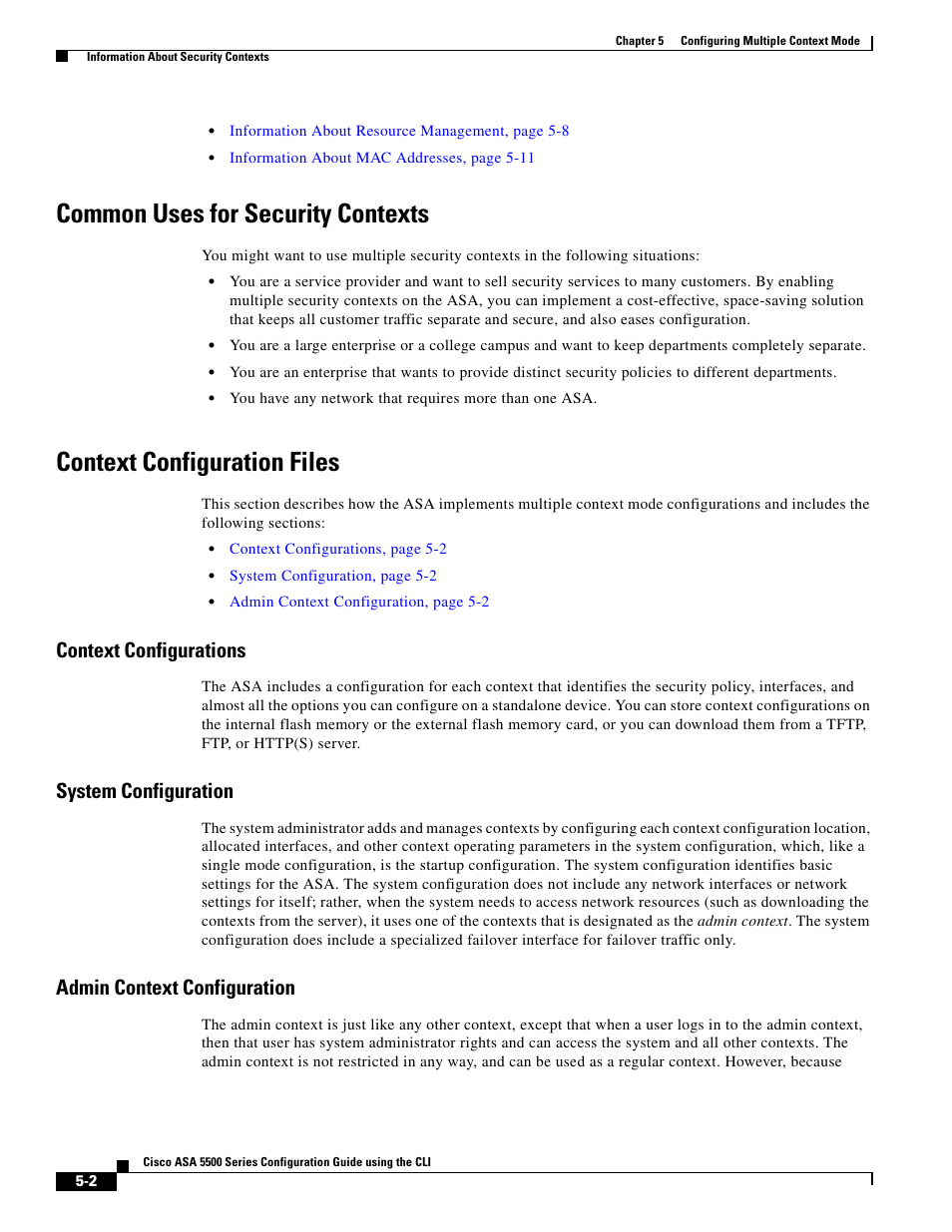 Common uses for security contexts, Context configuration files, Context configurations | System configuration, Admin context configuration | Cisco ASA 5505 User Manual | Page 202 / 1994