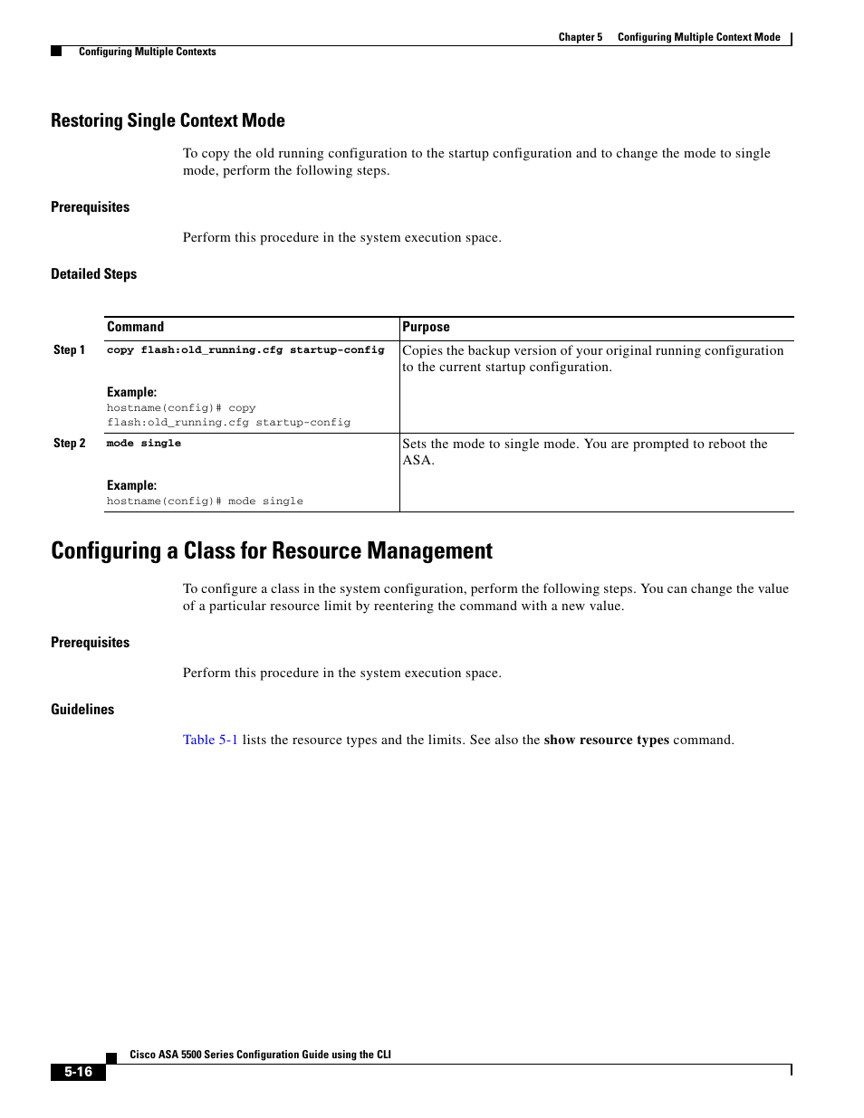 Restoring single context mode, Configuring a class for resource management, Configuring a class for resource | Cisco ASA 5505 User Manual | Page 216 / 1994