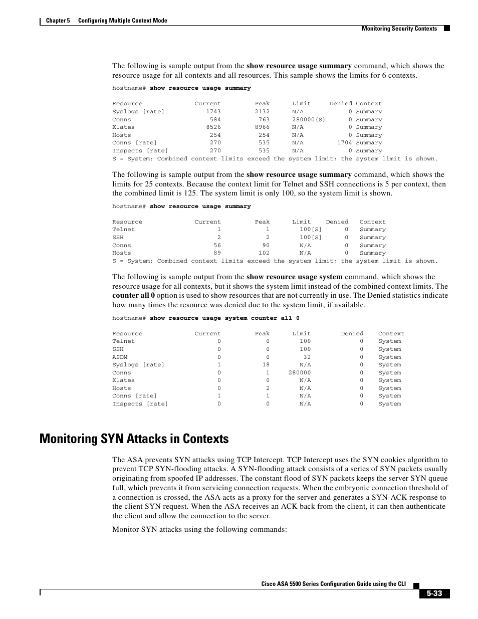 Monitoring syn attacks in contexts | Cisco ASA 5505 User Manual | Page 233 / 1994