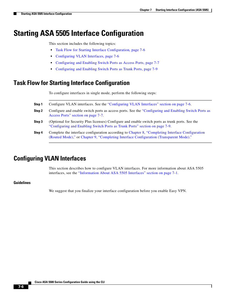 Starting asa 5505 interface configuration, Task flow for starting interface configuration, Configuring vlan interfaces | Cisco ASA 5505 User Manual | Page 284 / 1994