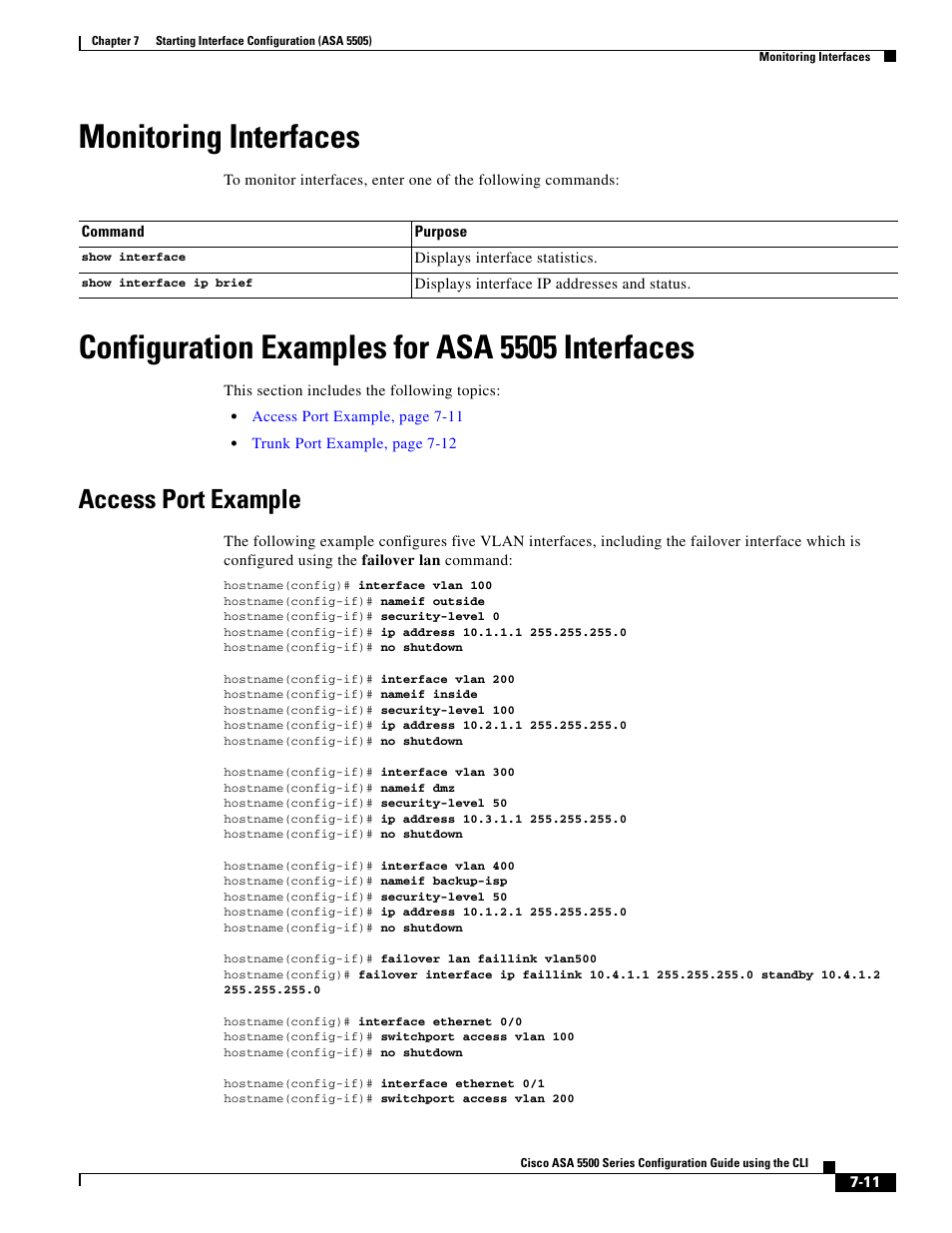 Monitoring interfaces, Configuration examples for asa 5505 interfaces, Access port example | Cisco ASA 5505 User Manual | Page 289 / 1994