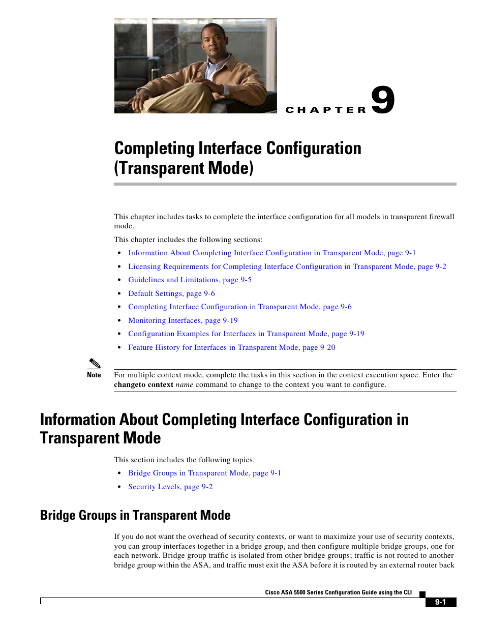 Bridge groups in transparent mode, C h a p t e r, Chapter 9, “completing interface configuration | Transparent mode), Chapter 9, “completing interface, Configuration (transparent mode) | Cisco ASA 5505 User Manual | Page 311 / 1994