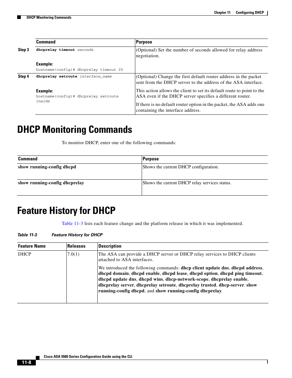 Dhcp monitoring commands, Feature history for dhcp | Cisco ASA 5505 User Manual | Page 354 / 1994