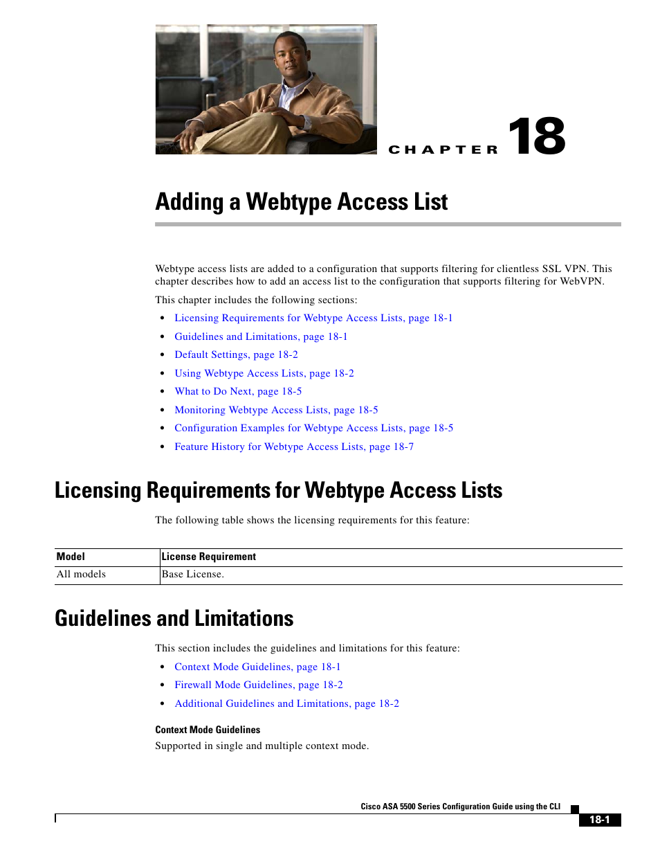 Adding a webtype access list, Licensing requirements for webtype access lists, Guidelines and limitations | C h a p t e r, Chapter 18, “adding a webtype access list | Cisco ASA 5505 User Manual | Page 407 / 1994