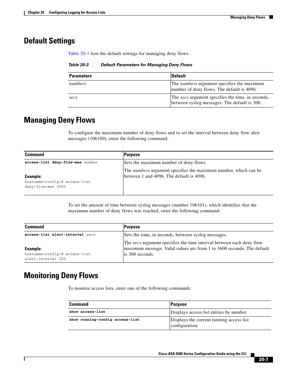 Default settings, Managing deny flows, Monitoring deny flows | Cisco ASA 5505 User Manual | Page 431 / 1994