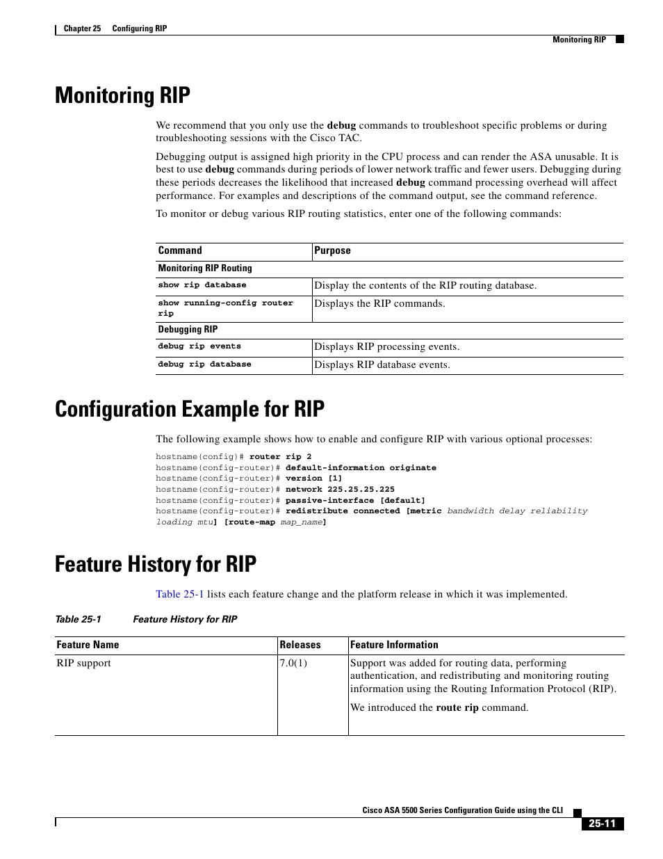 Monitoring rip, Configuration example for rip, Feature history for rip | Cisco ASA 5505 User Manual | Page 491 / 1994