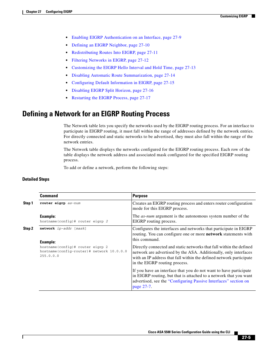 Defining a network for an eigrp routing process | Cisco ASA 5505 User Manual | Page 513 / 1994