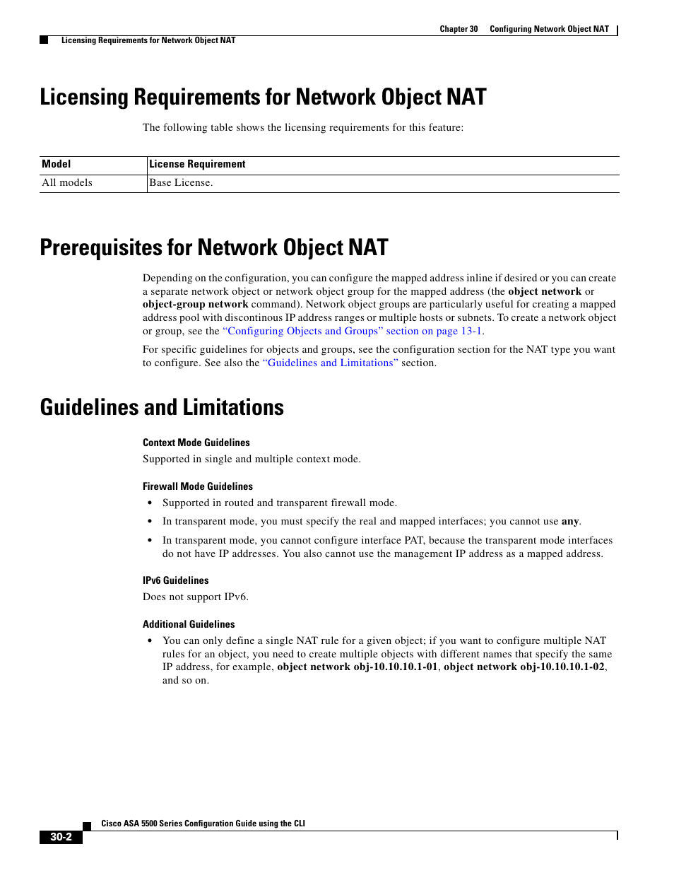 Licensing requirements for network object nat, Prerequisites for network object nat, Guidelines and limitations | Cisco ASA 5505 User Manual | Page 584 / 1994