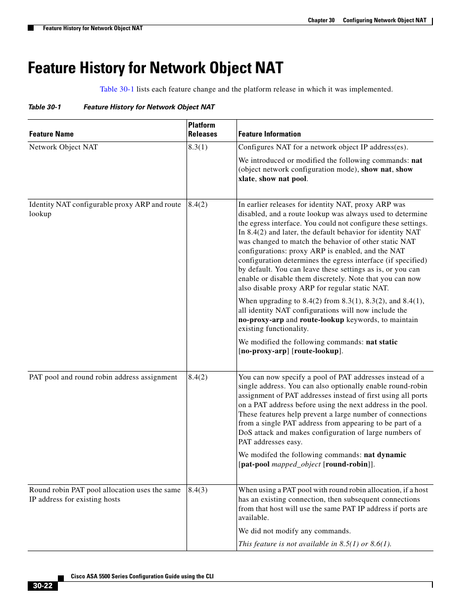 Feature history for network object nat | Cisco ASA 5505 User Manual | Page 604 / 1994