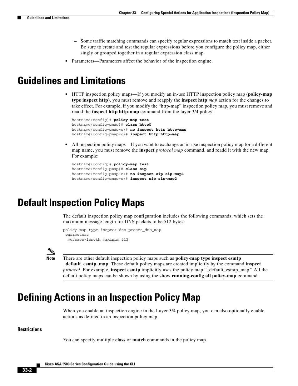 Guidelines and limitations, Default inspection policy maps, Defining actions in an inspection policy map | Cisco ASA 5505 User Manual | Page 662 / 1994