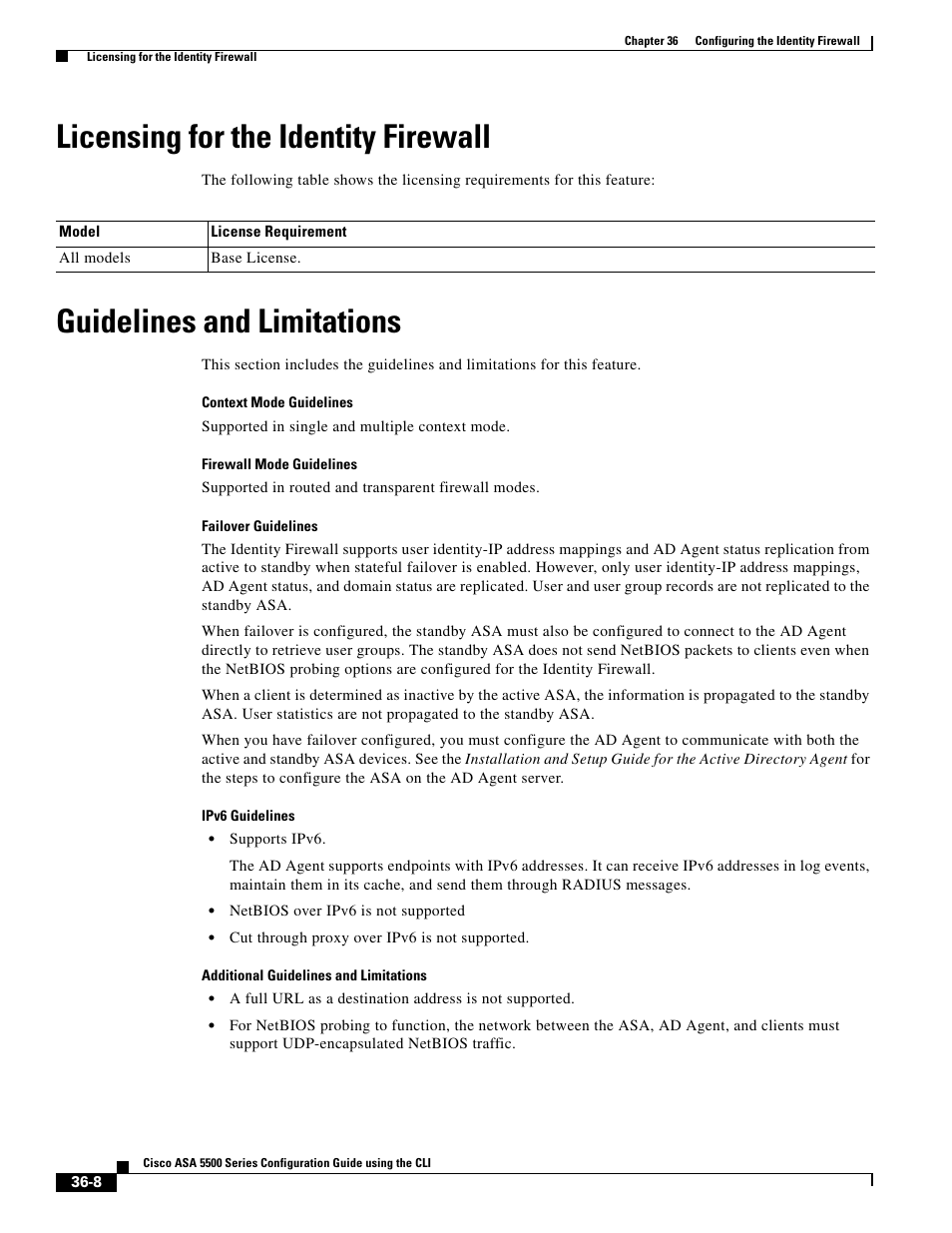 Licensing for the identity firewall, Guidelines and limitations | Cisco ASA 5505 User Manual | Page 720 / 1994