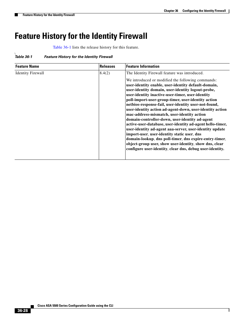 Feature history for the identity firewall | Cisco ASA 5505 User Manual | Page 740 / 1994