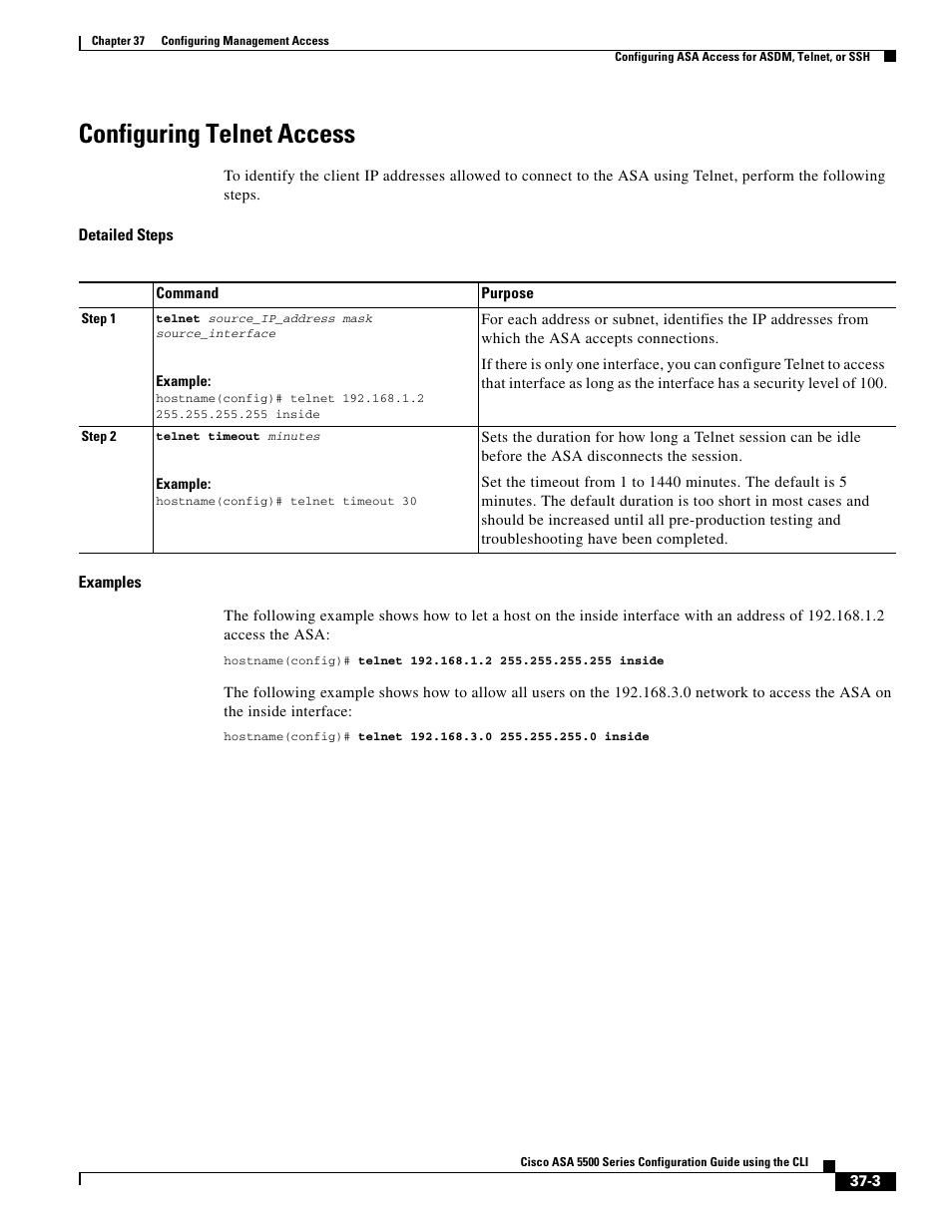 Configuring telnet access | Cisco ASA 5505 User Manual | Page 743 / 1994