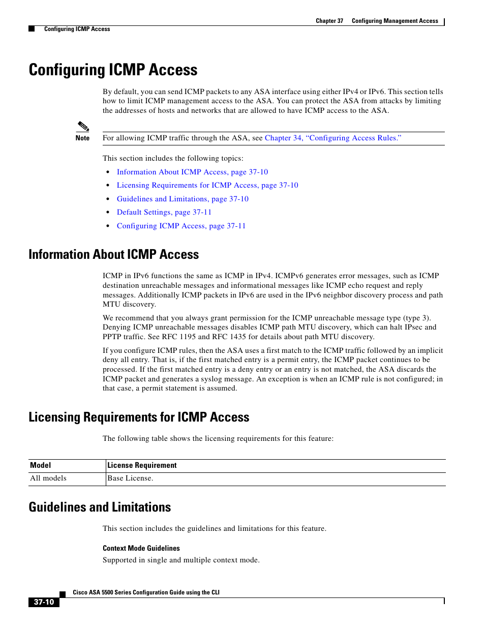 Configuring icmp access, Information about icmp access, Licensing requirements for icmp access | Guidelines and limitations | Cisco ASA 5505 User Manual | Page 750 / 1994