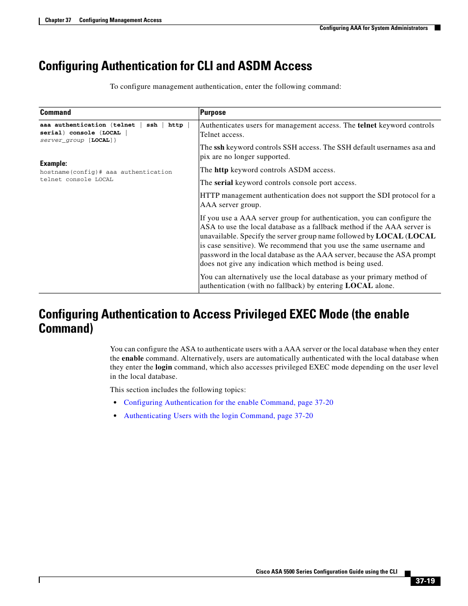 Configuring authentication for cli and asdm access, For more informati, Configuring authentication to access privileged | Cisco ASA 5505 User Manual | Page 759 / 1994