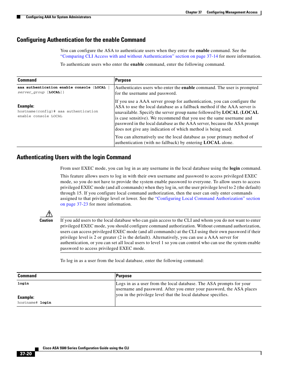 Configuring authentication for the enable command, Authenticating users with the login command, For more i | Cisco ASA 5505 User Manual | Page 760 / 1994