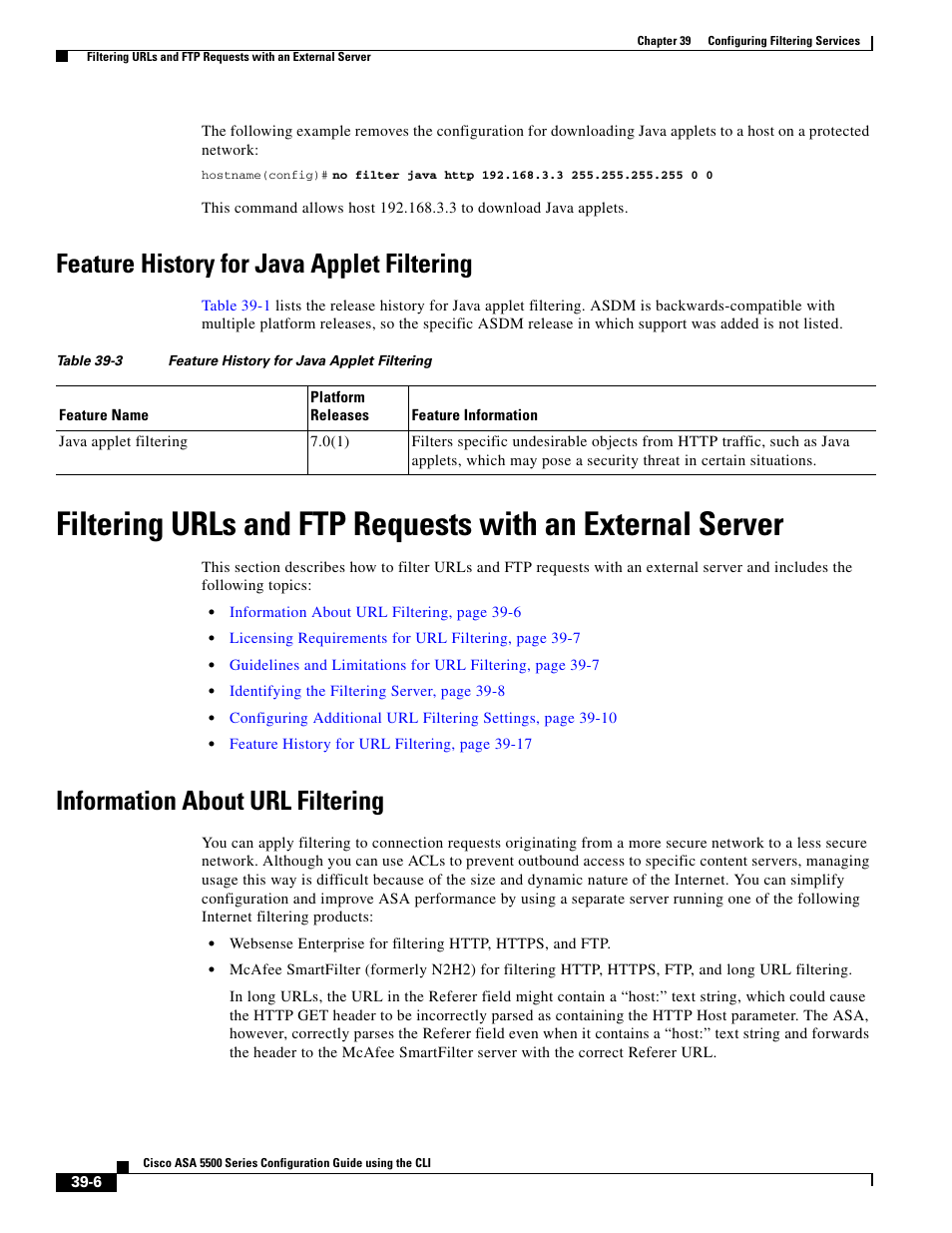 Feature history for java applet filtering, Information about url filtering | Cisco ASA 5505 User Manual | Page 802 / 1994