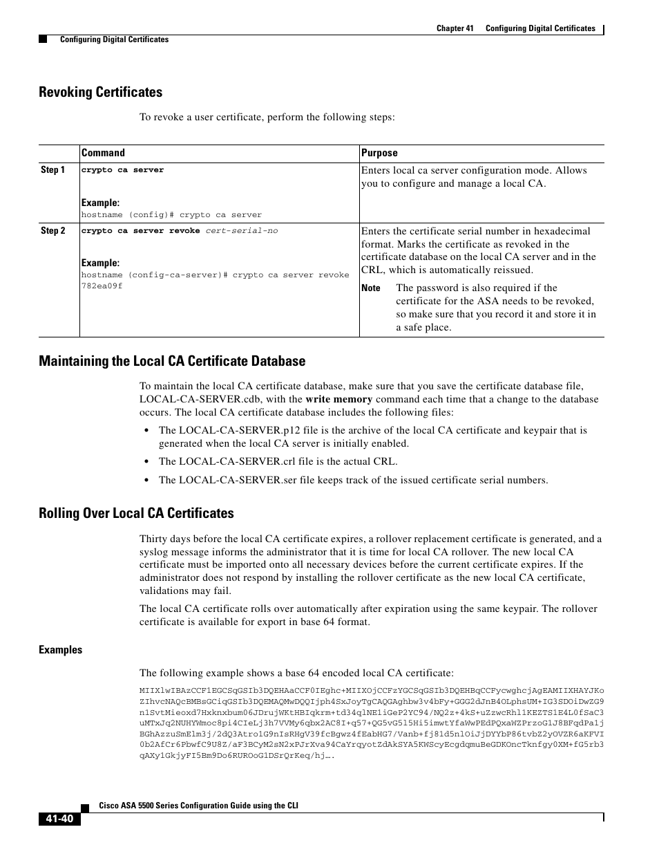 Revoking certificates, Maintaining the local ca certificate database, Rolling over local ca certificates | Cisco ASA 5505 User Manual | Page 858 / 1994