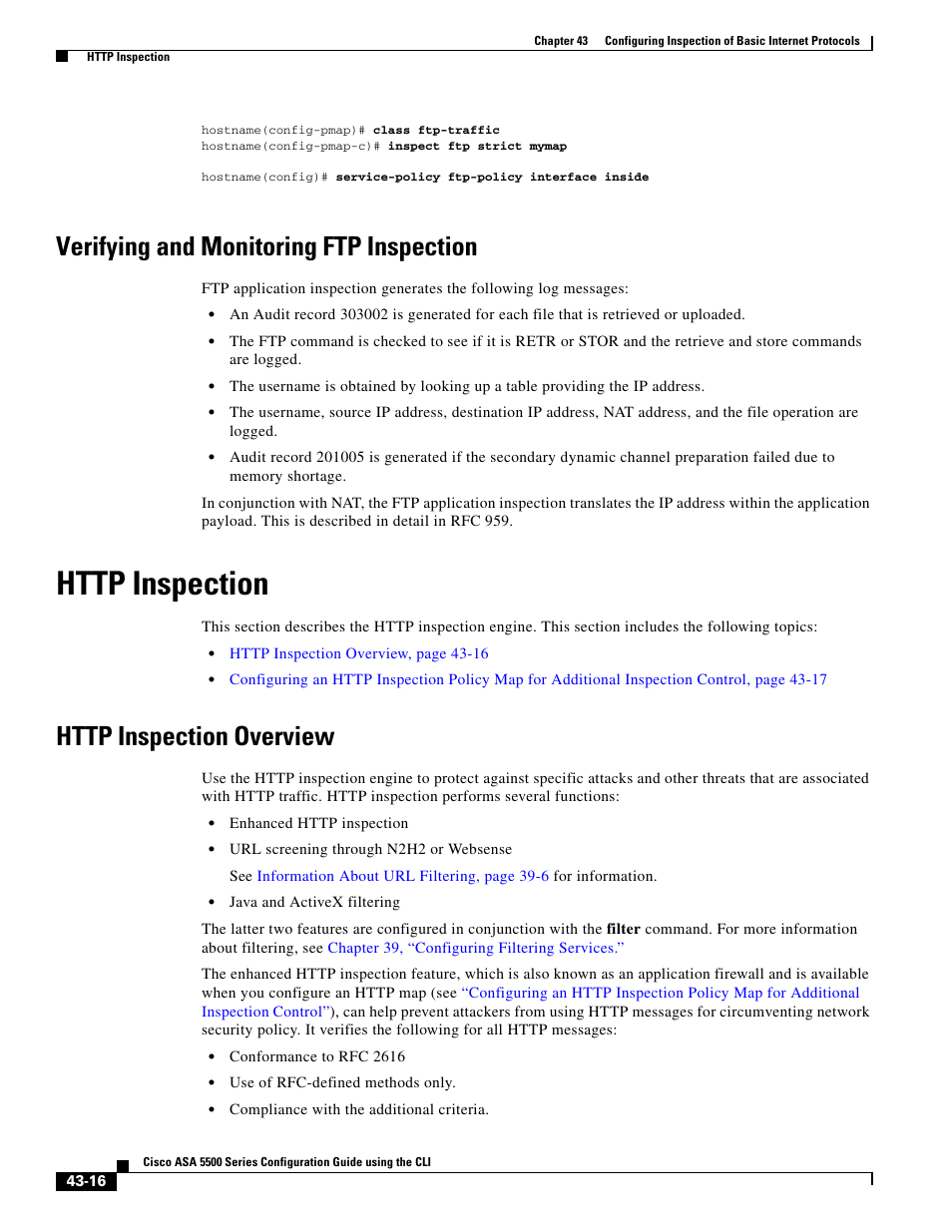 Verifying and monitoring ftp inspection, Http inspection, Http inspection overview | Cisco ASA 5505 User Manual | Page 892 / 1994