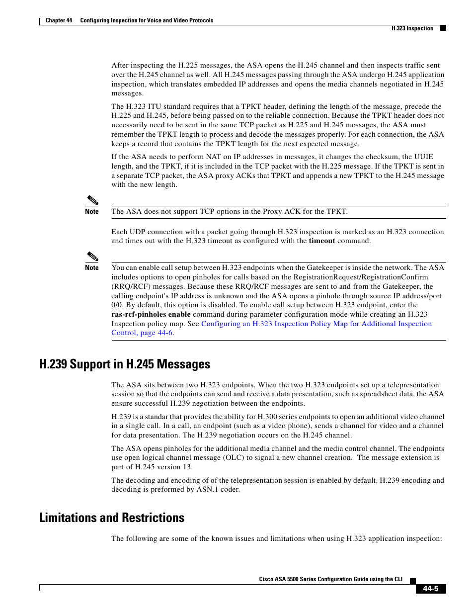 H.239 support in h.245 messages, Limitations and restrictions | Cisco ASA 5505 User Manual | Page 915 / 1994