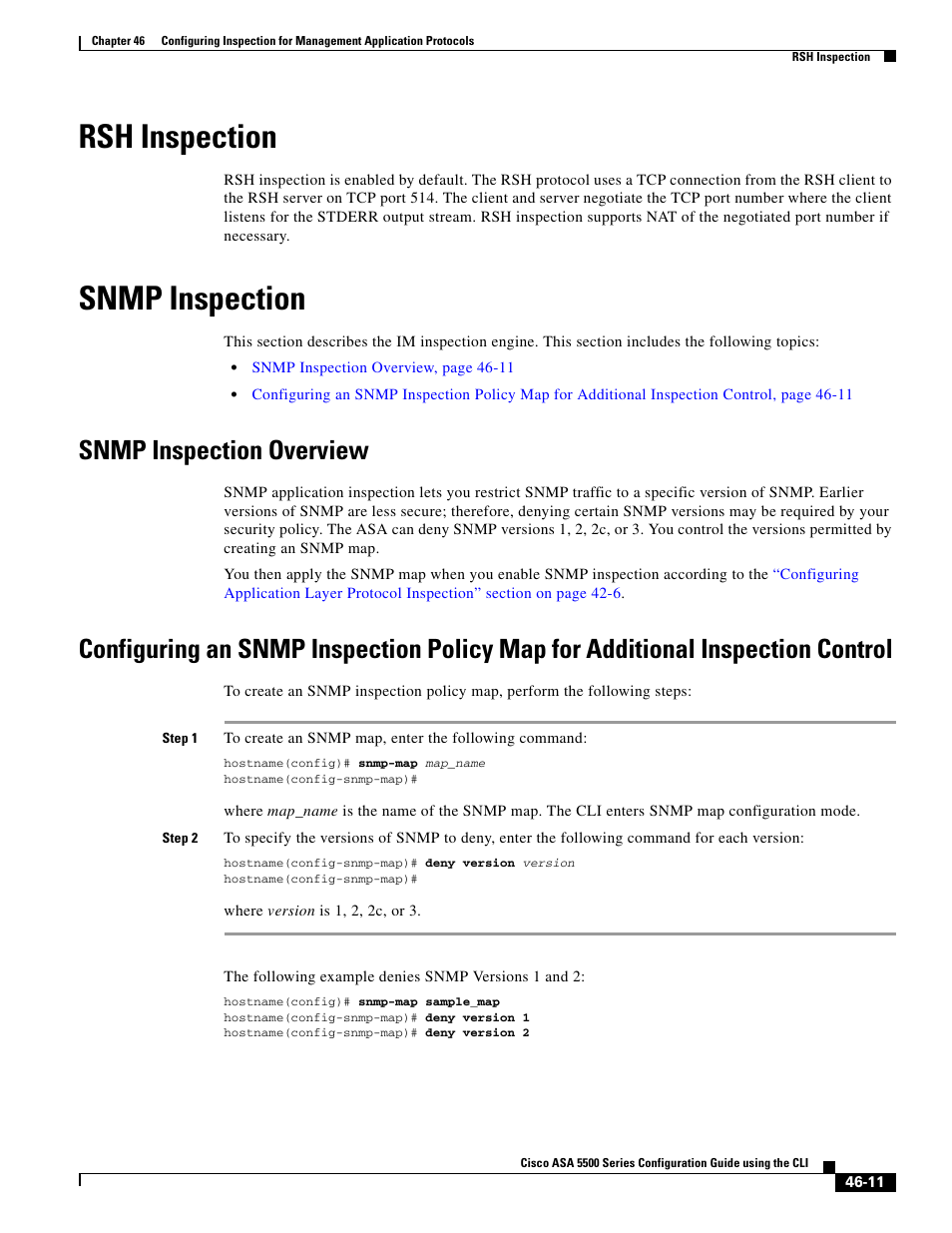 Rsh inspection, Snmp inspection, Snmp inspection overview | Cisco ASA 5505 User Manual | Page 957 / 1994