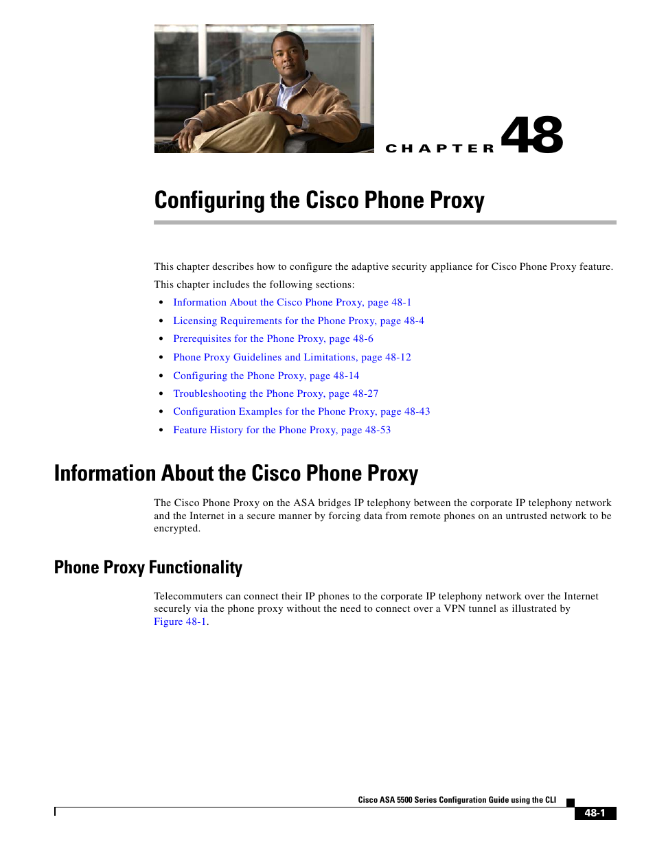 Configuring the cisco phone proxy, Information about the cisco phone proxy, Phone proxy functionality | C h a p t e r, Chapter 48, “configuring the, Cisco phone proxy | Cisco ASA 5505 User Manual | Page 983 / 1994