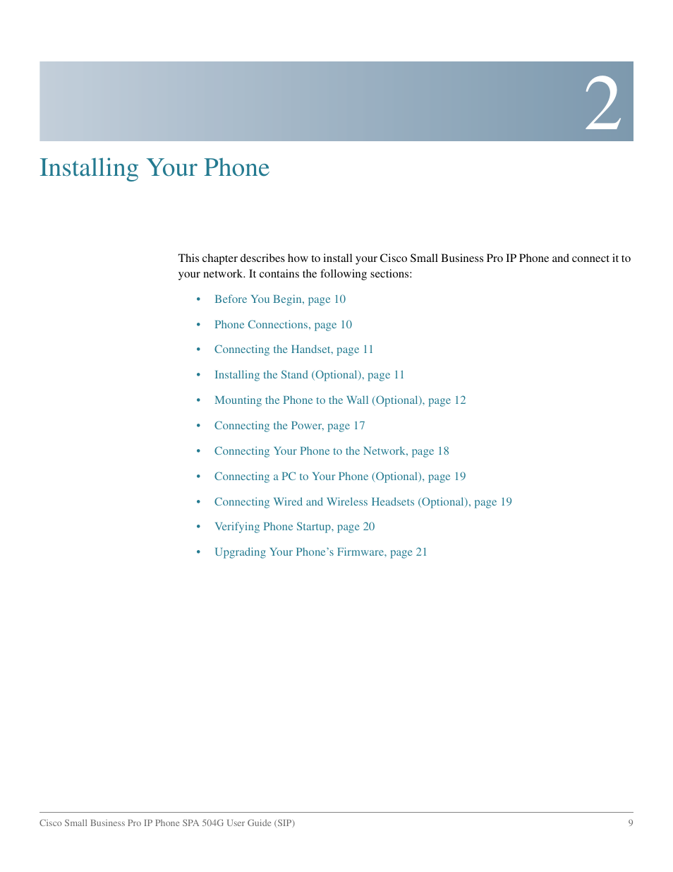 Installing your phone, Chapter 2: installing your phone | Cisco IP Phone SPA 504G User Manual | Page 15 / 68