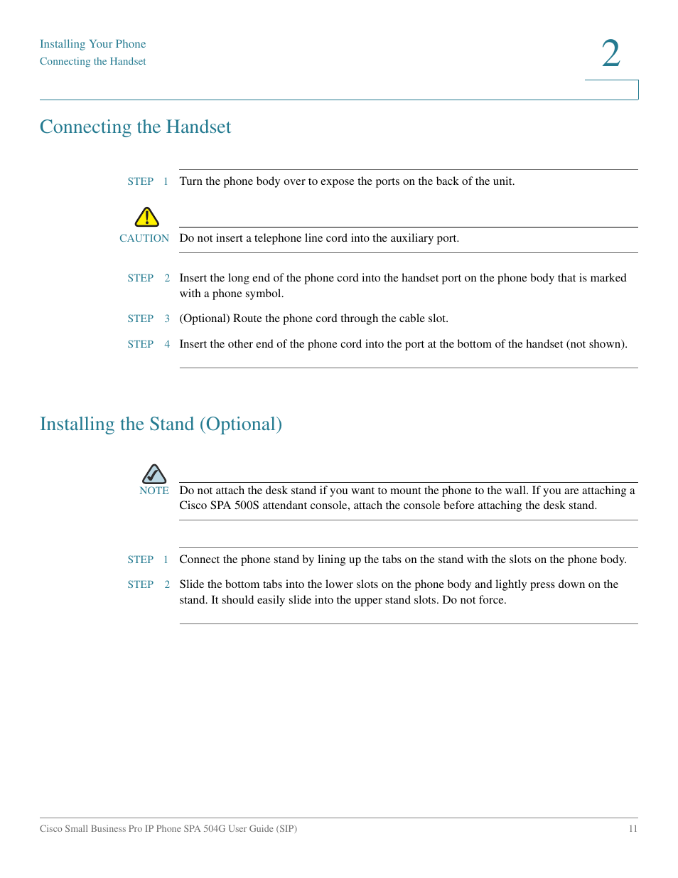 Connecting the handset, Installing the stand (optional) | Cisco IP Phone SPA 504G User Manual | Page 17 / 68