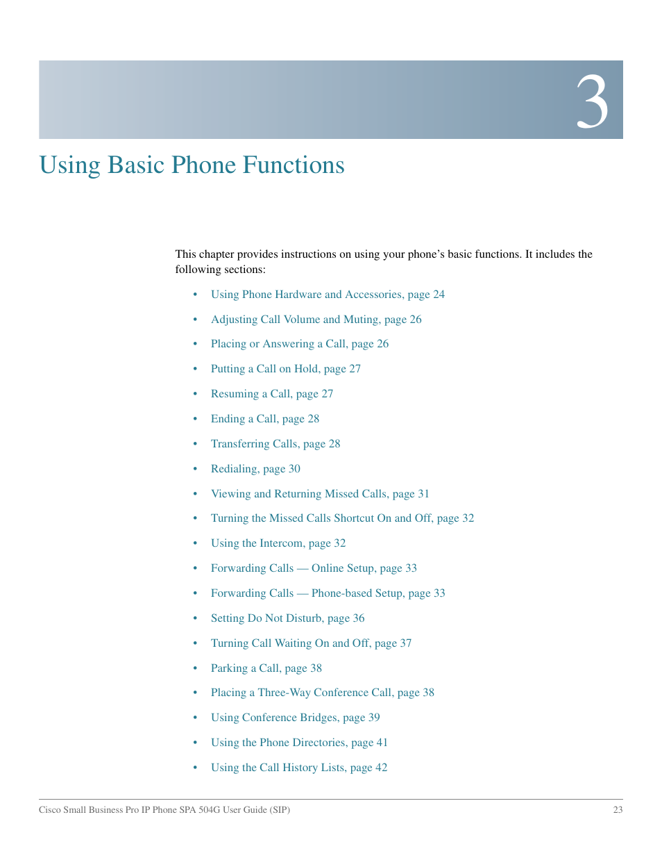 Using basic phone functions, Chapter 3: using basic phone functions | Cisco IP Phone SPA 504G User Manual | Page 29 / 68