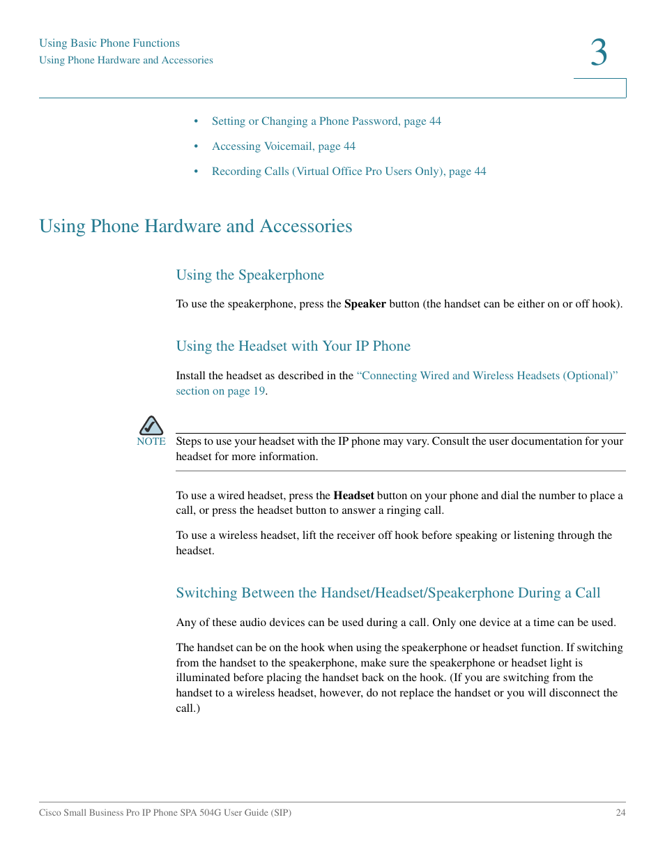 Using phone hardware and accessories, Using the speakerphone, Using the headset with your ip phone | Cisco IP Phone SPA 504G User Manual | Page 30 / 68