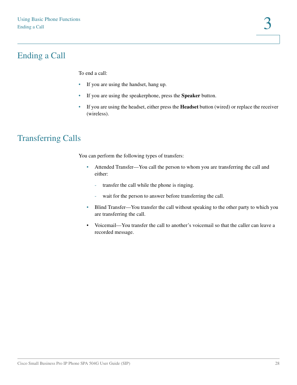 Ending a call, Transferring calls | Cisco IP Phone SPA 504G User Manual | Page 34 / 68