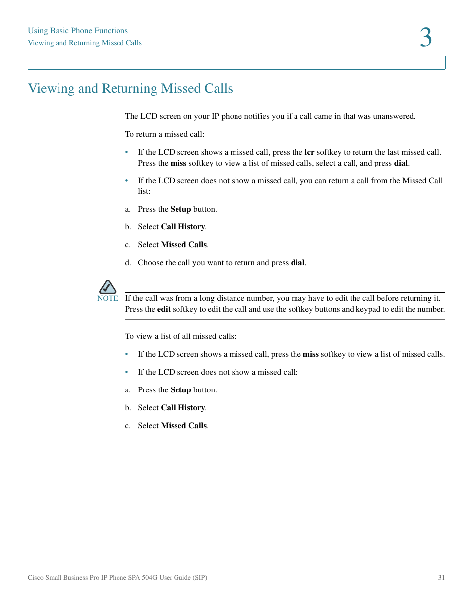 Viewing and returning missed calls | Cisco IP Phone SPA 504G User Manual | Page 37 / 68