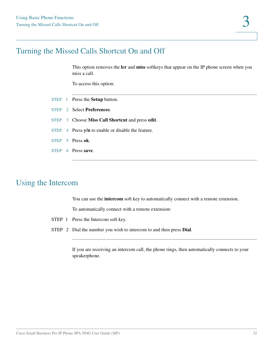 Turning the missed calls shortcut on and off, Using the intercom | Cisco IP Phone SPA 504G User Manual | Page 38 / 68